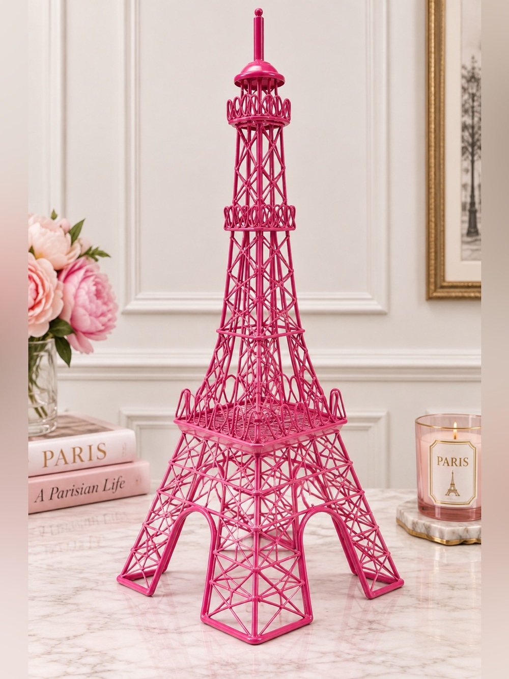 Tall Pink Metal Paris Eiffel Tower Decor Piece